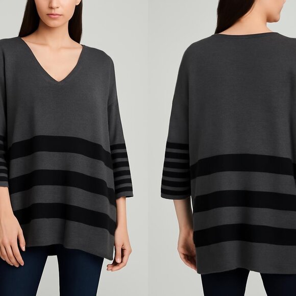 Joie Sweaters - Like New Joie Grey V-Neck Chyanne Sweater Black Stripes 3/4 Sleeves Size XS